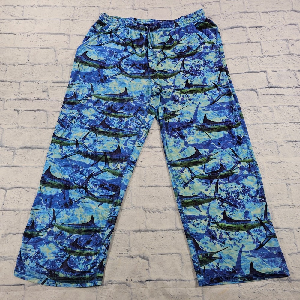 Reel Legends Lounge Pants Mens L Blue Marlin Fish Print Performance Sleepwear